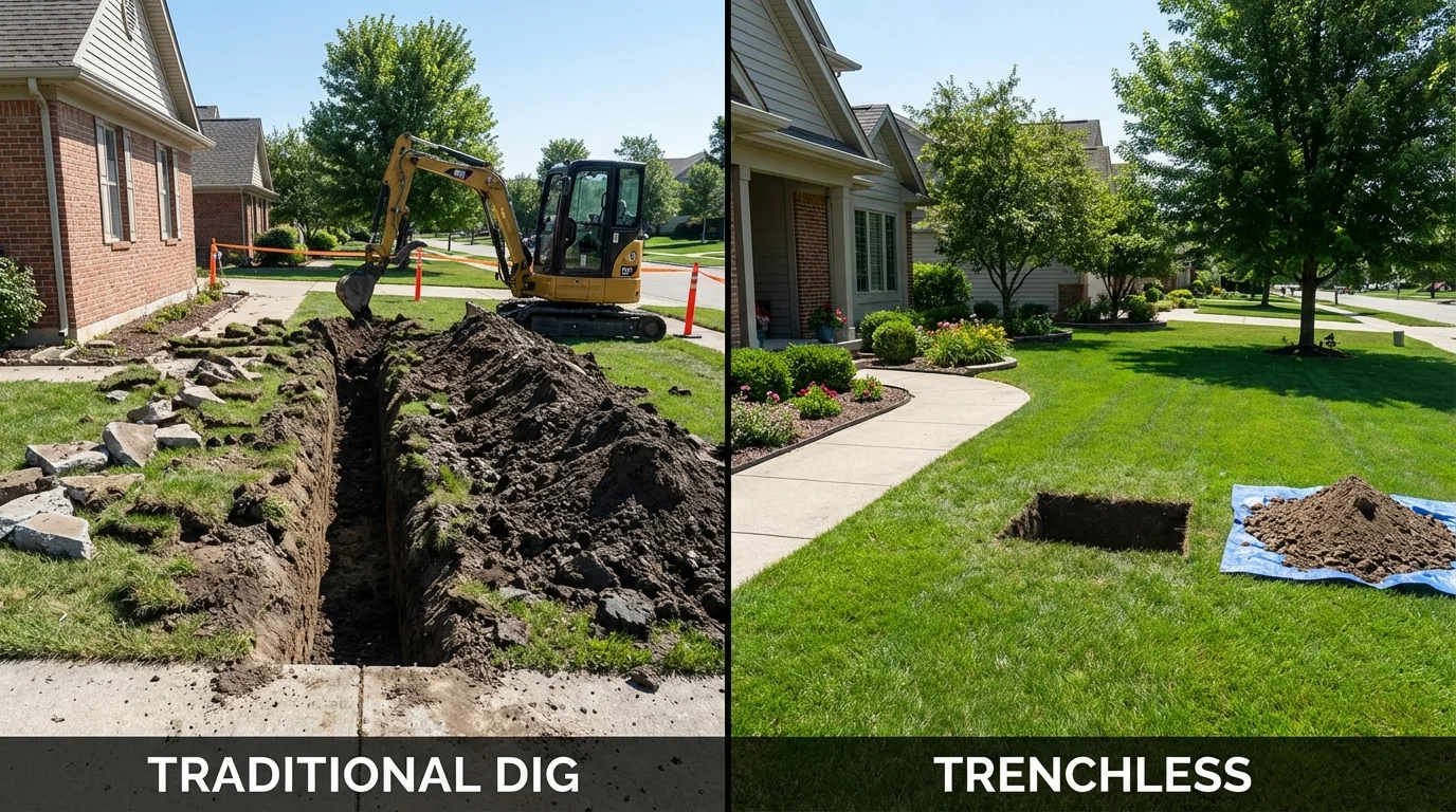 Trenchless sewer repair with minimal yard damage versus traditional excavation in Greenwich, OH