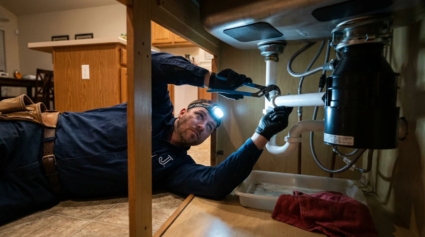 P-trap and supply line connections under a kitchen sink showing a common leak point in Greenwich, OH